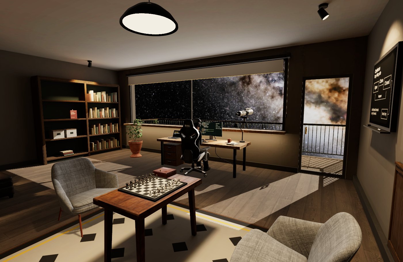 Inside the room: two chairs at the chessboard, the desk chair at the computer, and the telescope beyond a window full of the Milky Way.