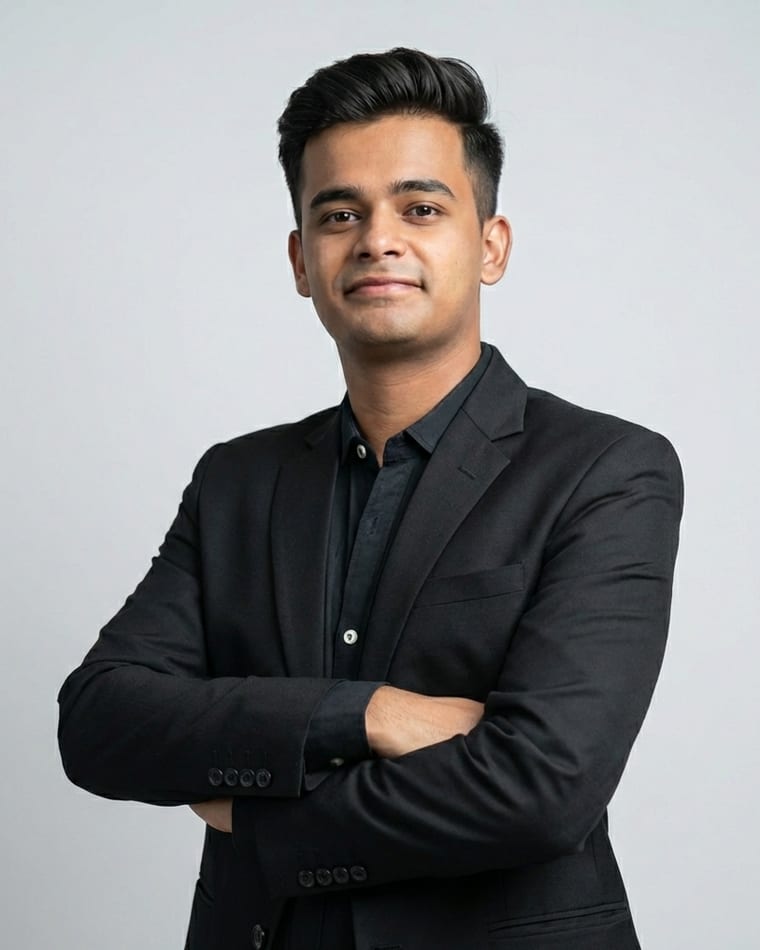 Kanishq Sharma, arms folded, in a dark jacket against a light background